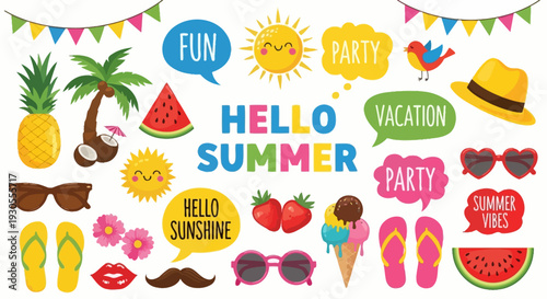 Vibrant summer party decorations and accessories arranged on a white background