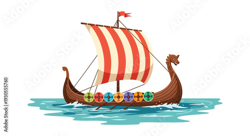 A vibrant illustration depicts a traditional viking longship sailing on blue water featuring a detailed silhouette high quality professional modern elegant