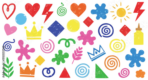 Vibrant symbols and icons arranged in a colorful composition on a white background with FGFGF.