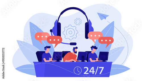 Customer support team works 24/7 with headphones and computers