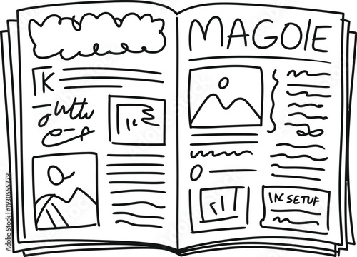 Hand drawn magazine layout with text and images