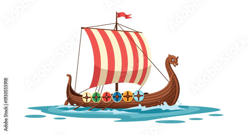 A vibrant illustration depicts a traditional viking longship sailing on blue water showcasing a detailed silhouette high quality professional modern elegant