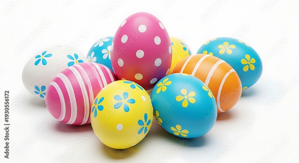 Fototapeta premium Colorful easter eggs with floral patterns and stripes on white background