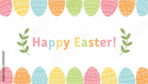 Colorful Easter eggs and leaves decorate Happy Easter celebration background