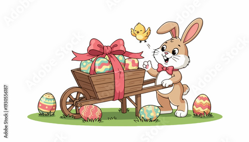 Easter bunny pushing wheelbarrow filled with gifts and eggs outside