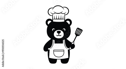 A charming black silhouette depicts a bear chef holding a spatula wearing a hat and apron silhouette high quality professional detailed