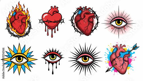 Vibrant tattoo designs featuring hearts and eyes in various artistic styles are shown.