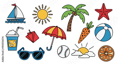 Summer vacation icons including umbrella, sunglasses, and beach ball on the beach