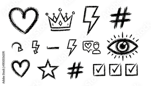 A digital illustration of various symbols and icons, including hearts, crowns, and checkmarks, arranged on a white background.