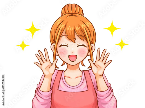 両手を上げる可愛いエプロン姿の主婦のアニメ系イラスト素材