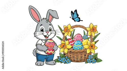 A cute rabbit holds an egg near a basket of flowers and eggs.