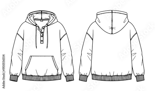 Button Closure Hoodie Sweatshirt Flat Technical Drawing Unisex CAD Vector Template