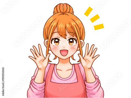 両手を上げる可愛いエプロン姿の主婦のアニメ系イラスト素材2