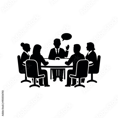 Business meeting silhouette with five people around a table.
