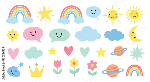 Colorful illustrations of celestial bodies and happy objects in a whimsical scene with FGFGF.