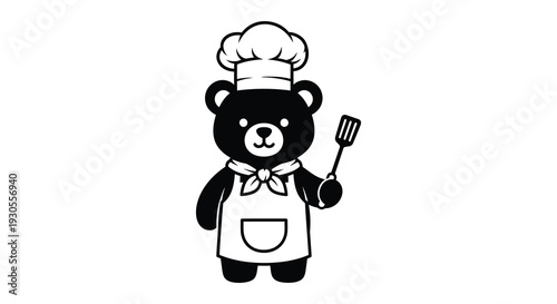 A charming black bear stands as a chef holding a spatula and wearing a toque presented as a silhouette high quality