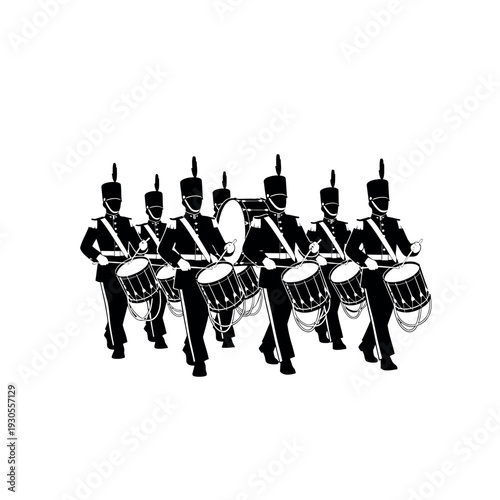 Marching band drummers in uniform playing musical instruments.