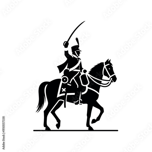 Silhouette of a cavalry soldier on horseback with a raised saber.