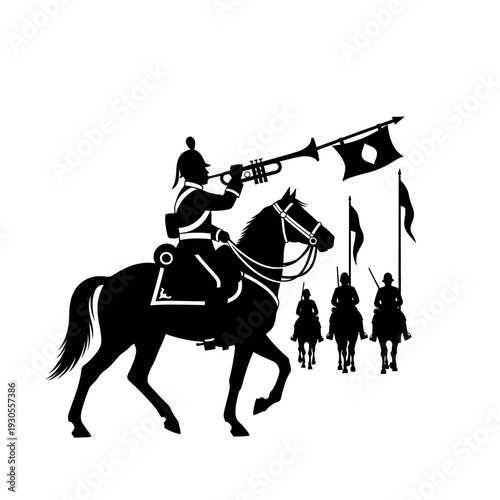 Silhouette of a military band on horseback playing trumpets and carrying flags.