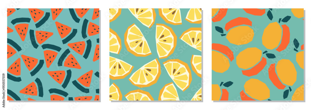 Fototapeta premium Set of seamless tropical fruit patterns in flat minimalist vector style. Repeating backgrounds featuring peach, lemon, watermelon and citrus shapes in bold summer colors