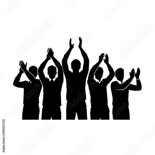 Silhouettes of people applauding with hands raised in celebration.