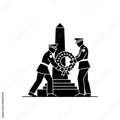 Soldiers placing wreath at memorial monument.