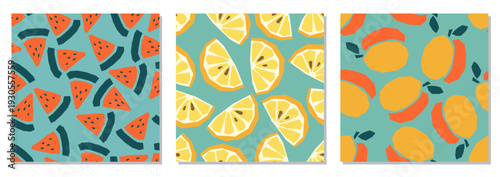 Set of seamless tropical fruit patterns in flat minimalist vector style. Repeating backgrounds featuring peach, lemon, watermelon and citrus shapes in bold summer colors