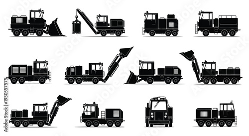 Construction Machinery Icon Set Black Silhouette Illustration