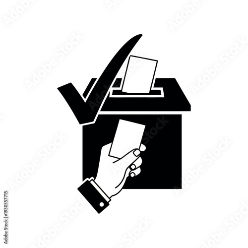 Voting ballot box with hand and checkmark.