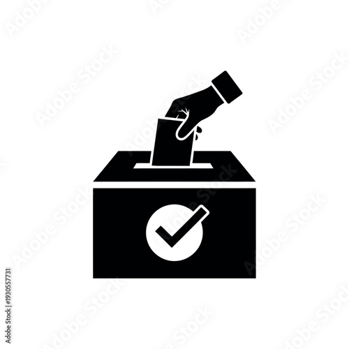 Voting box with hand casting ballot and checkmark icon.