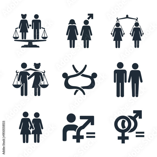 Family and business people vector icon set with silhouettes of men women children couples and babies