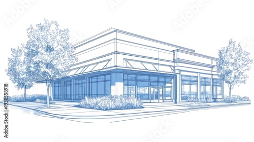 Architectural sketch of modern building, trees, and landscaping.  Possible use Planning or design presentation