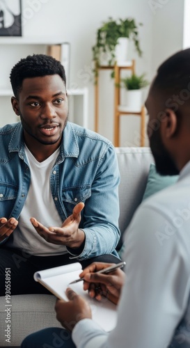 Man Talking to Therapist Couch Conversation