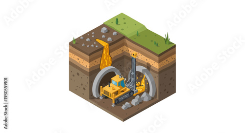 Underground tunnel construction site with machinery and excavation process.