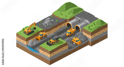 3D illustration of tunnel construction process with machinery.