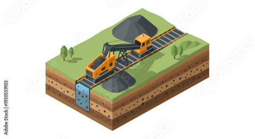 Isometric Illustration of Mining Operation with Heavy Machinery.