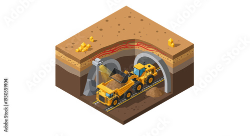 Underground tunnel construction with heavy machinery.