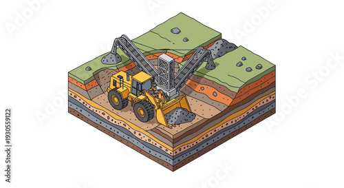 Isometric illustration of a mining operation with a yellow excavator.