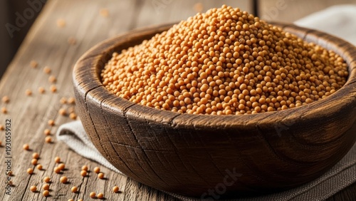 Mustard Seeds in Wooden Bowl on Rustic Table