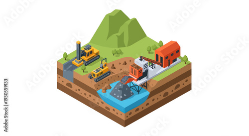 3D Isometric Illustration of Industrial Site with Machinery and Buildings.