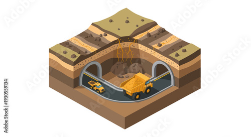 Underground tunnel construction with excavation machine.