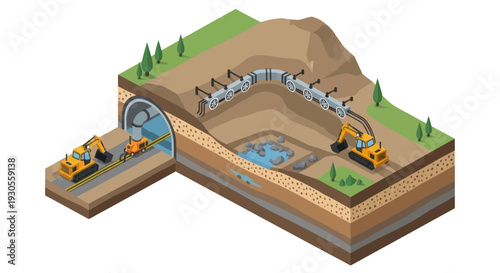Underground Hydroelectric Power Plant Construction Site with Tunnel and Machinery.