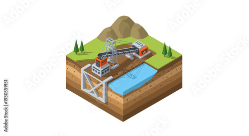 3D illustration of a hydroelectric power plant with dam and reservoir.