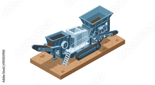 Isometric illustration of industrial crusher machine on wooden platform.