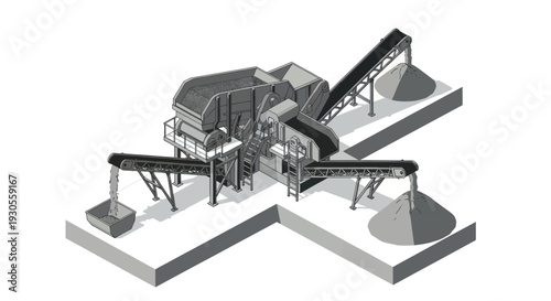 Industrial Crushing Plant with Conveyors and Sorting System.