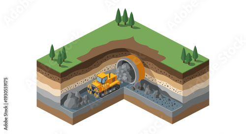 Underground tunnel construction with machinery and layered soil.