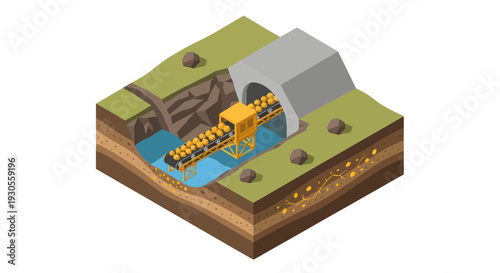 3D illustration of a hydroelectric power plant with dam and water flow.