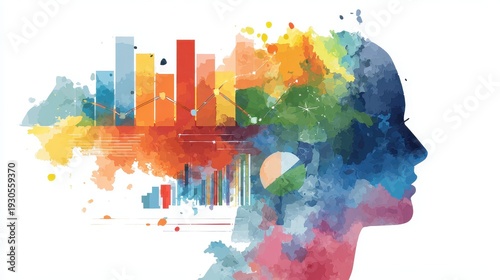 Business analytics flat design side view technology theme watercolor Triadic Color Scheme. 