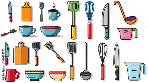 Colorful kitchen tools and utensils collection showcasing essential cookware, cutlery, and cooking accessories for modern culinary preparation.