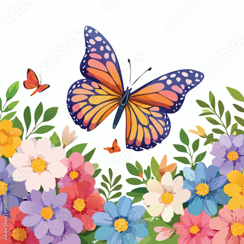 Colorful butterflies fluttering above vibrant flower arrangement